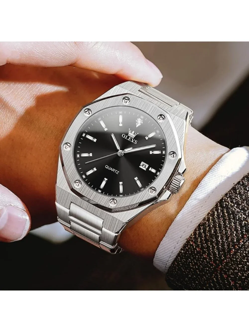 Men's Silver Black Luxury Stainless Steel Octagon Analog Quartz Waterproof Watch